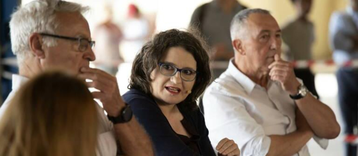 Joan Ribó, junto a Mónica Oltra y Joan Baldoví, en un acto de Compromís