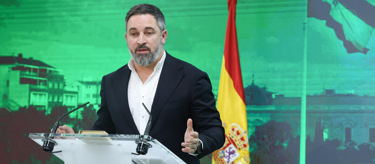 El líder de VOX, Santiago Abascal, durante una rueda de prensa