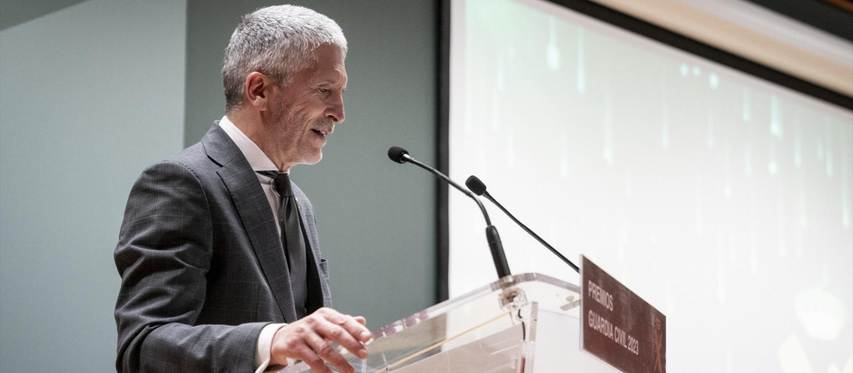 El ministro de Interior, Fernando Grande-Marlaska, interviene durante la entrega de los Premios Guardia Civil 2023 en la Dirección General de la Guardia Civil, a 18 de enero de 2024, en Madrid (España). Concedidos por parte del cuerpo y su fundación, los premios a los servicios humanitarios han distinguido a varios agentes de la Guardia Civil por distintos servicios, rescates y auxilios de especial relevancia.
18 ENERO 2024;PREMIOS;GUARDIA CIVIL;ENTREGA;ACTO;CEREMONIA;
A. Pérez Meca / Europa Press
18/1/2024