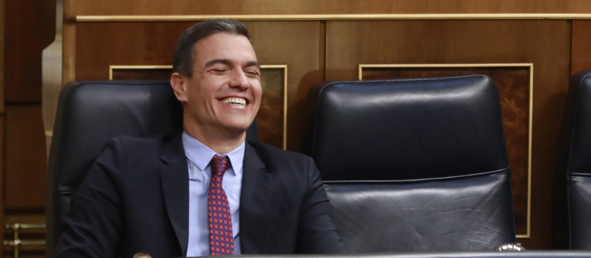 El presidente del Gobierno, Pedro Sánchez, sonríe desde el hemiciclo en el Pleno del Congreso de los Diputados