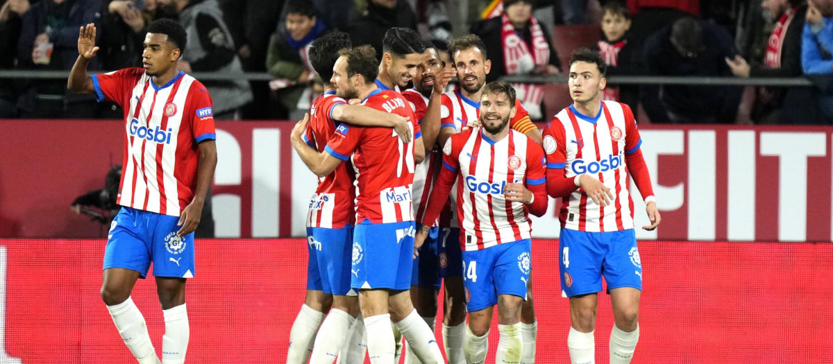 Los jugadores del Girona celebran un gol esta temporada