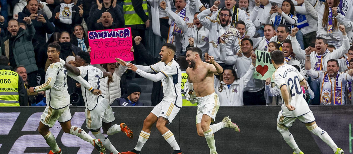 La euforia de los jugadores del Real Madrid en la reciente remontada al Almeria