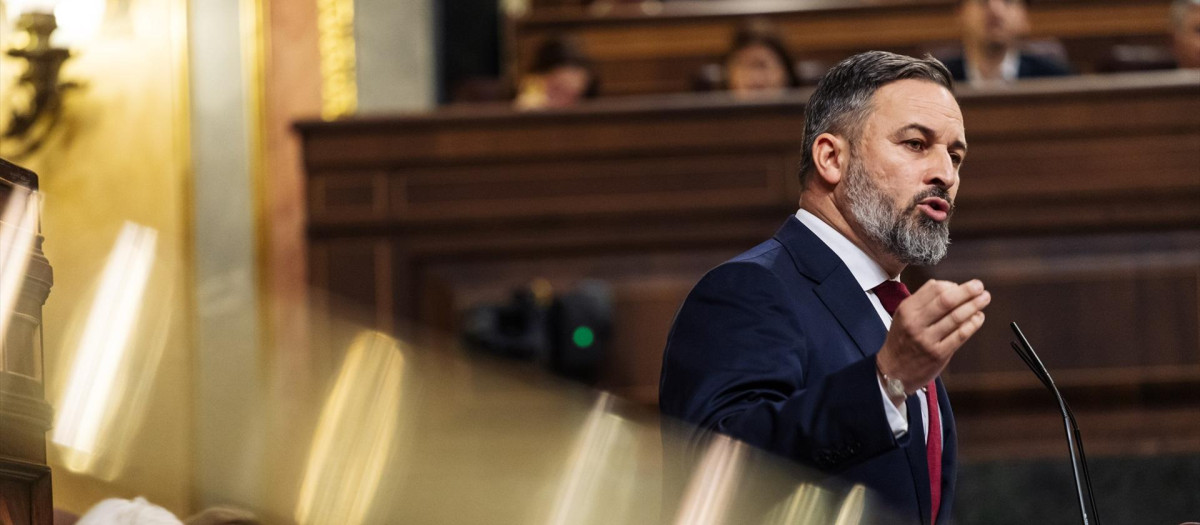 El líder de VOX, Santiago Abascal, interviene durante una sesión plenaria