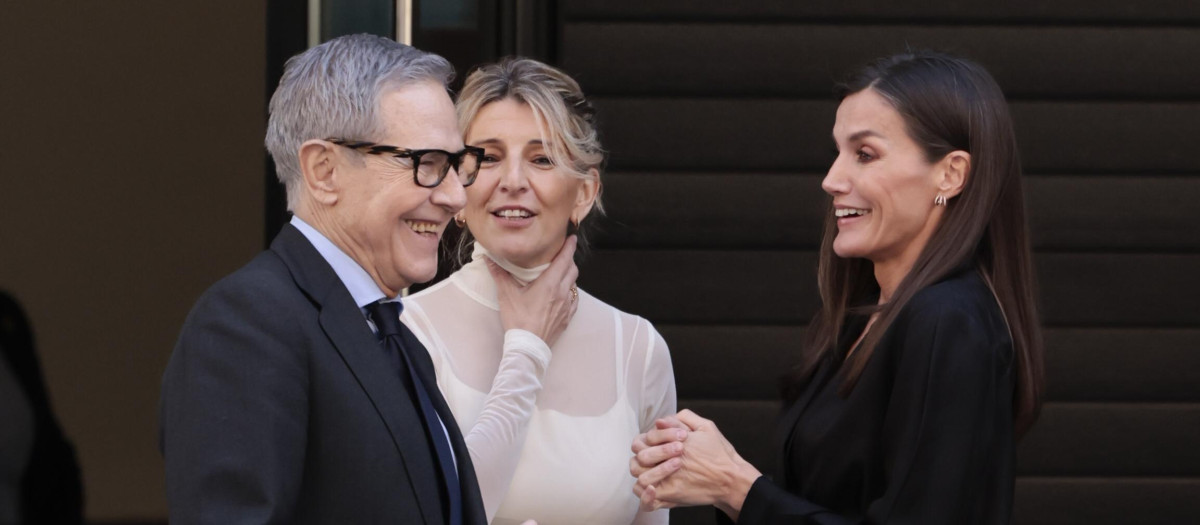 Spanish Queen Letizia and minister Yolanda Diaz during presentation of “All against Cancer” on the occasion of the Cancer world day in Madrid on Thursday 01 February 2024.