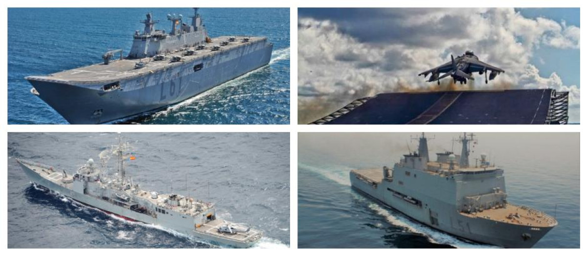 El portaaeronaves Juan Carlos I, un caza Harrier, la fragata navarra y el buque de asalto Galicia de la Armada española