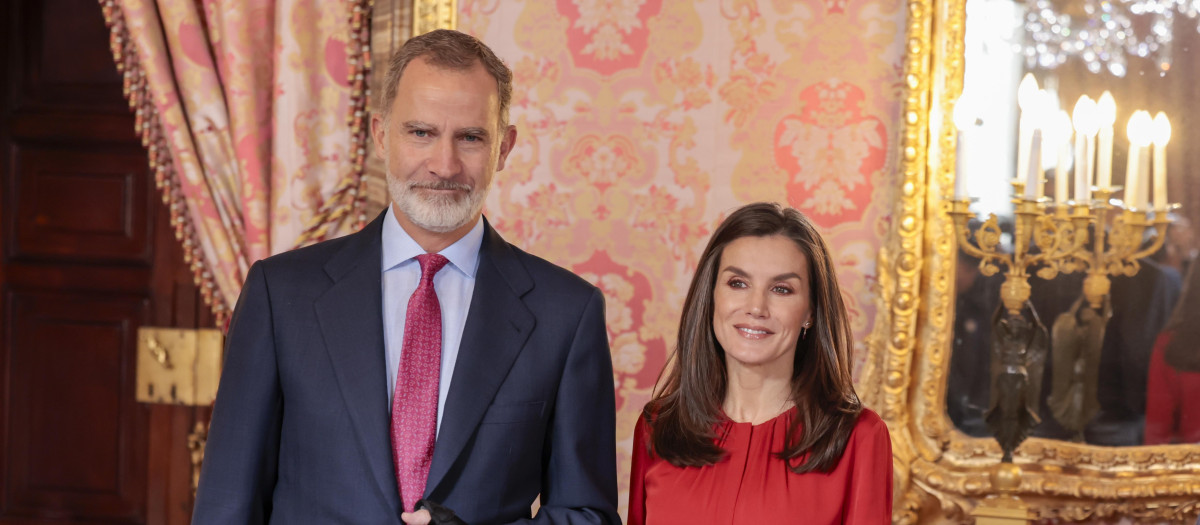 Spanish King Felipe VI and Letizia during a hearing with the representation of the members of “ Patronato de la Fundacion Princesa de Girona “ in the RoyalPalace in Madrid on Wednesday, 13 December 2023.