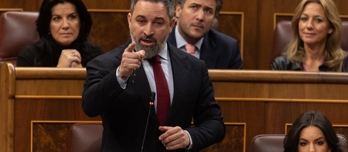 El líder de VOX, Santiago Abascal, interviene durante una sesión de control al Gobierno, en el Congreso de los Diputados