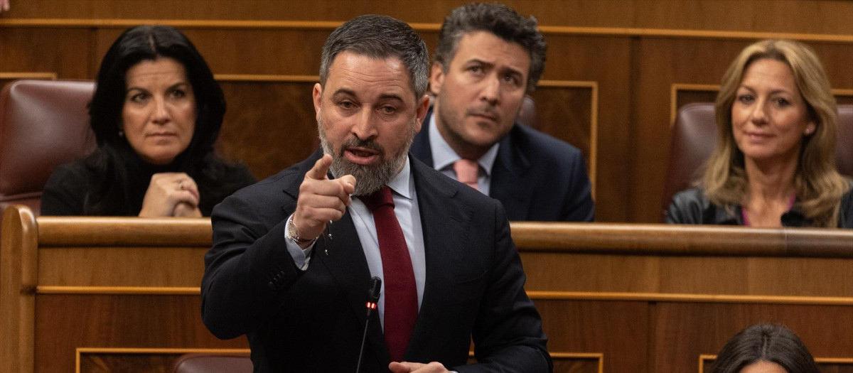 El líder de VOX, Santiago Abascal, interviene durante una sesión de control al Gobierno, en el Congreso de los Diputados
