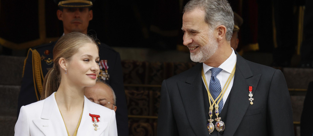 Spanish King Felipe VI and Princess of Asturias Leonor de Borbon during Constitution Pledge (Jura de la Constitucion) ceremony in Madrid on Tuesday, 31 October 2023.