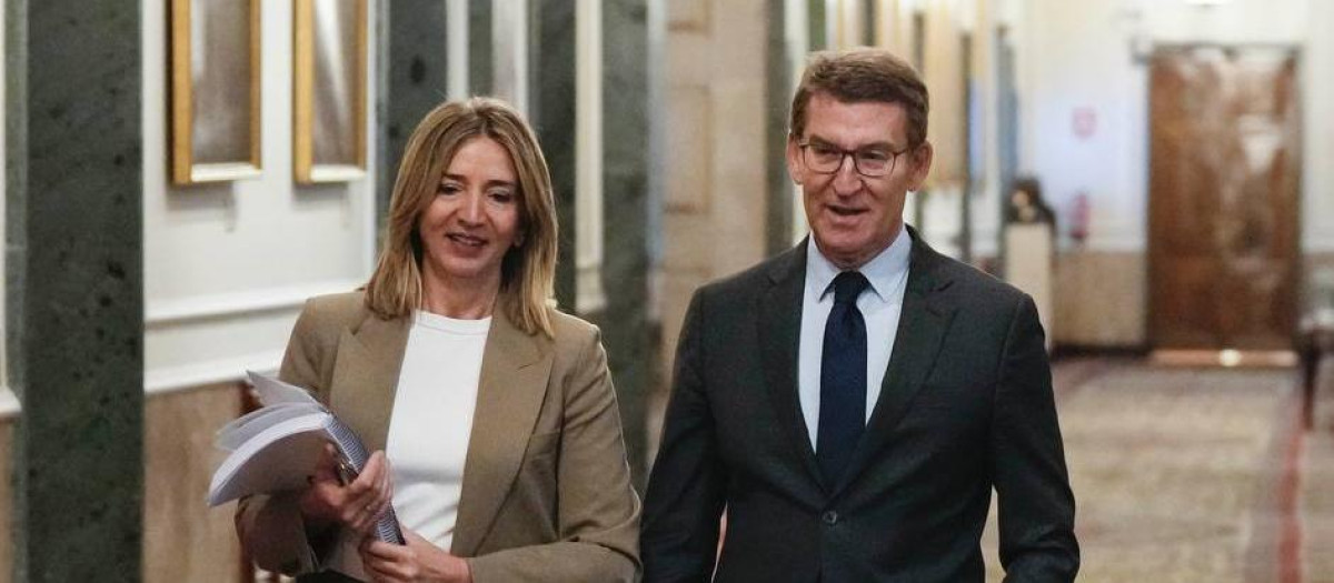 La portavoz del Grupo Parlamentario Popular en el Senado, Alicia García, junto al presidente del PP, Alberto Núñez Feijóo