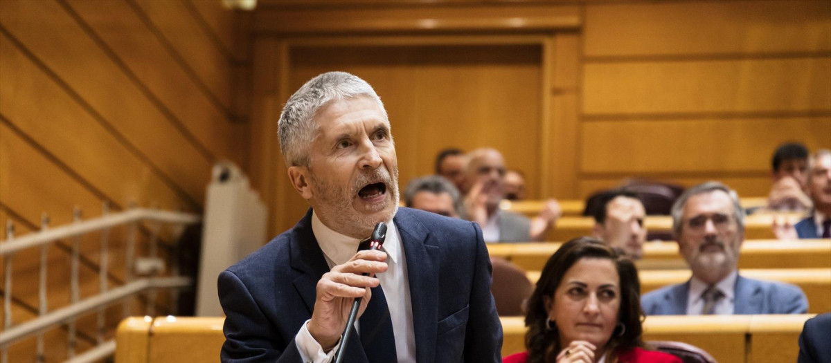 El ministro del Interior, Fernando Grande-Marlaska, interviene durante una sesión plenaria en el Senado, a 20 de febrero de 2024, en Madrid (España). Durante el pleno se han abordado cuestiones como las muertes de los agentes en Barbate, además de las medidas previstas por el Ministerio de Agricultura, Pesca y Alimentación con respecto a las actuales relaciones comerciales de las empresas con sus proveedores dentro de la cadena alimentaria. Con esta última cuestión, también se han analizado las posibles soluciones en las que está trabajando el Gobierno para dar respuesta a las demandas planteadas por los agricultores y ganaderos españoles.
20 FEBRERO 2024;SESIÓN DE CONTROL;MINUTOS DE SILENCIO;SENADO;SENADORES;
Carlos Luján / Europa Press
20/2/2024