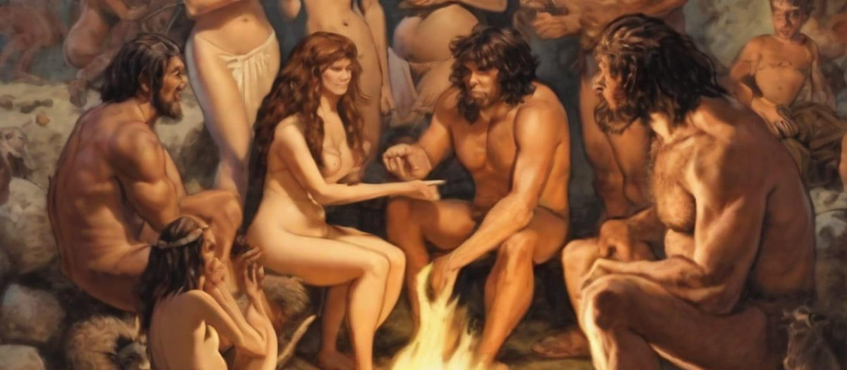 Ilustración generada por IA de un grupo de humanos prehistóricos en una cueva