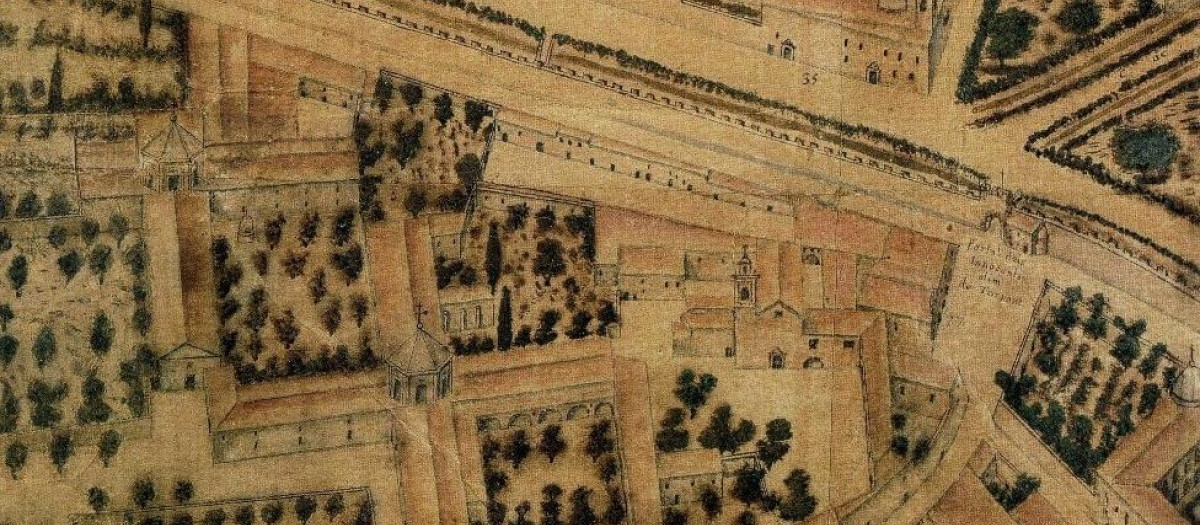 Plano del Padre Tosca, de 1704, en el que se observa el hospital, con los dos cruces que llegó a tener