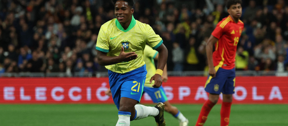 Endrick celebra su gol en el Bernabéu en el partido de España-Brasil