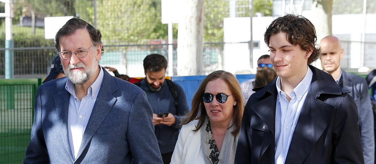 Mariano Rajoy with wife Elvira Fernandez and son Mariano Rajoy Jr at a polling station during Spain General Elections in Madrid on Sunday , 28 April 2019.