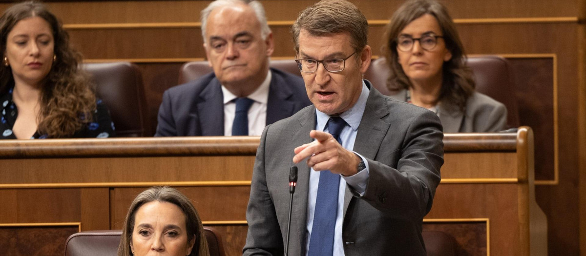 El presidente del PP, Alberto Núñez Feijóo, interviene durante una sesión de control al Gobierno, en el Congreso de los Diputados, a 28 de febrero de 2024, en Madrid (España). La implicación de Koldo García Izaguirre, que fue asesor del exministro socialista José Luis Ábalos, en una supuesta trama de comisiones en contratos de material anticovid durante la pandemia protagoniza la sesión de control al Gobierno con una ofensiva de PP y Vox contra el Ejecutivo que incluye preguntas al presidente Pedro Sánchez y cuatro de sus ministros.Tras el ‘caso Koldo’, el PSOE pidió a José Luis Ábalos, el pasado lunes 26 de febrero, que entregase su acta de diputado en las siguientes 24 horas. Sin embargo, ayer el exministro se negó a dimitir y seguirá como diputado pero en el Grupo Mixto, ya que insiste que no está imputado en ninguna causa.
28 FEBRERO 2024;CONGRESO;PLENO;SESIÓN DE CONTROL
Eduardo Parra / Europa Press
28/2/2024