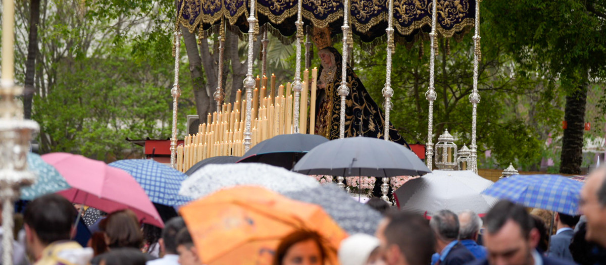 La Virgen del Subterráneo de la Hermandad de la Cena, entre paraguas el Domingo de Ramos en Sevilla

 Hermandad de la Sagrada Cena a su paso por la Carrera Oficial, a 24 de marzo del 2024 en Sevilla, (Andalucía España). La Semana Santa es una de las celebraciones más importantes para los católicos, y en Sevilla se vive con especial fervor. Cerca de sesenta cofradías recorren las calles de la ciudad entre el Viernes de Dolores y el Domingo de Resurrección.
Joaquin Corchero / Europa Press
24/3/2024