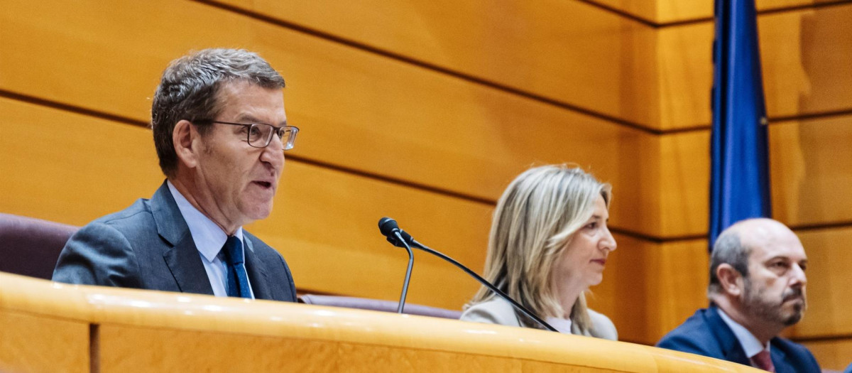 El presidente del Partido Popular, Alberto Núñez Feijóo (i), junto a la portavoz del PP en el Senado, Alicia García (c) y el presidente del Senado, Pedro Rollán (d)