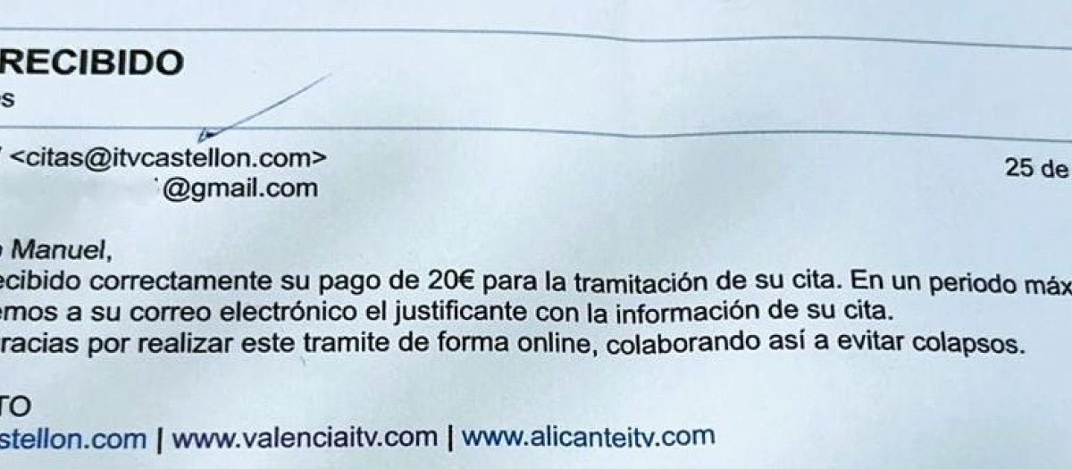 Imagen de un correo electrónico fraudulento reclamando dinero por una cita en las ITV valencianas