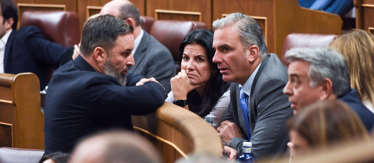 Santiago Abascal conversa con María Ruiz y Javier Ortega Smith en el Congreso
