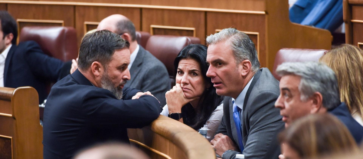 Santiago Abascal conversa con María Ruiz y Javier Ortega Smith en el Congreso