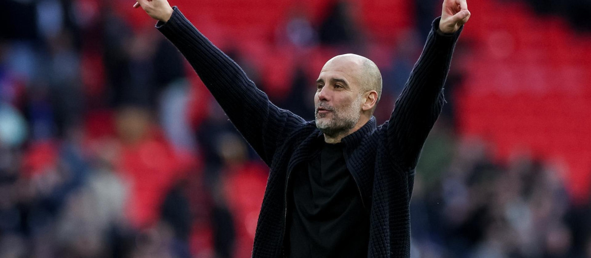 Pep Guardiola celebra el pase a la final de la FA Cup tras ganar al Chelsea en Wembley