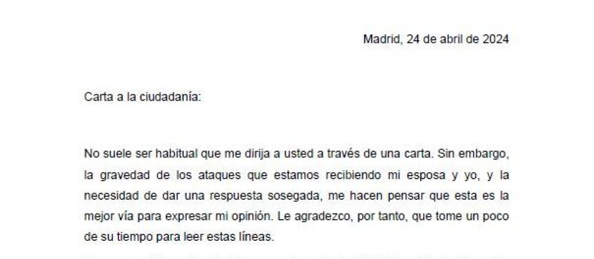 Encabezamiento de la carta a la ciudadanía de Sánchez