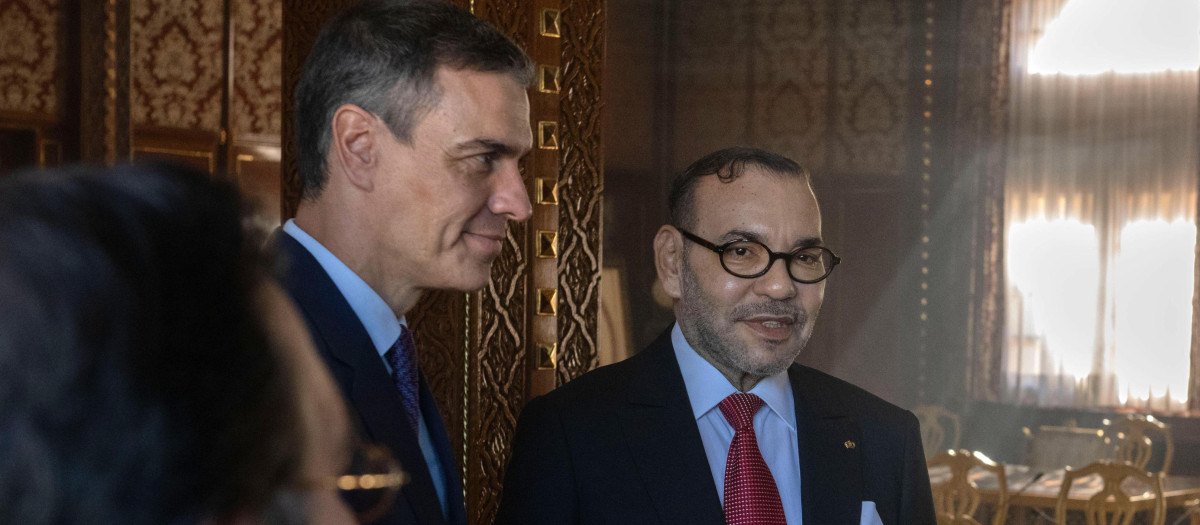 Moroccan King Mohammed VI (C) receives Spanish Prime Minister Pedro Sanchez (L), at the Royal Palace in Rabat, Morocco, 21 February 2024. Sanchez is on an official visit to Morocco.