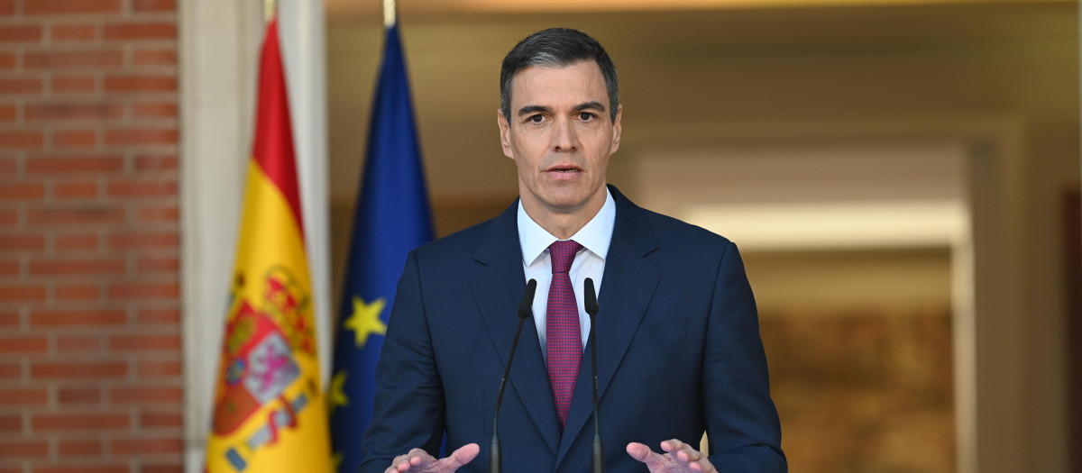 El presidente del Gobierno, Pedro Sánchez, durante su comparecencia institucional en La Moncloa