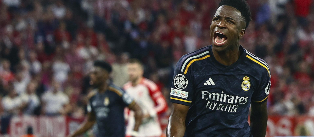 Vinicius celebra un gol en Múnich ante el Bayern
