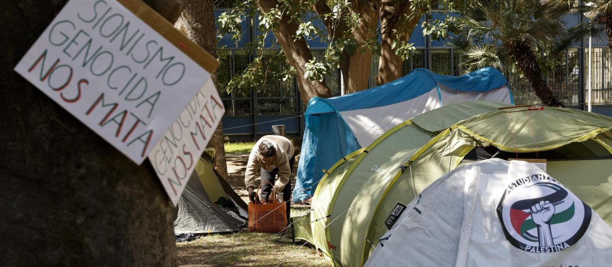 GRAFCVA284. VALENCIA, 30/04/2024.- Vista general de la acampada universitaria propalestina en la Facultad de Filosofía de la Universidad de Valencia