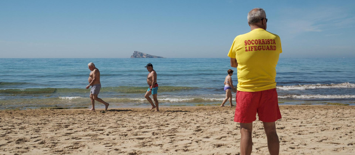 Un socorrista contempla el agua en la playa de Levante de Benidorm