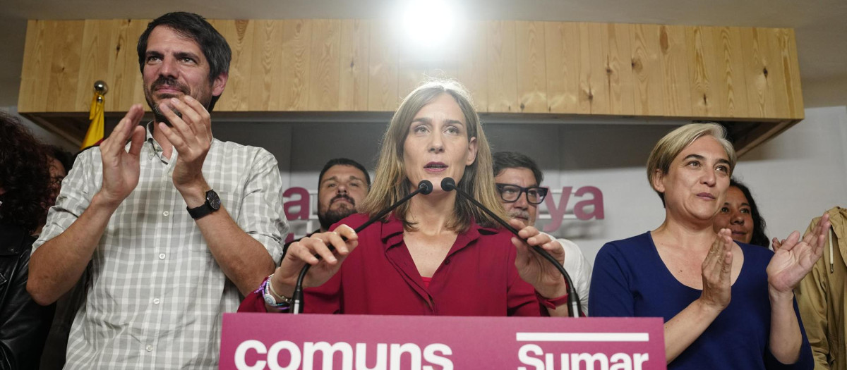 La candidata de Comuns Sumar a la presidencia de la Generalitat, Jéssica Albiach en su comparecencia