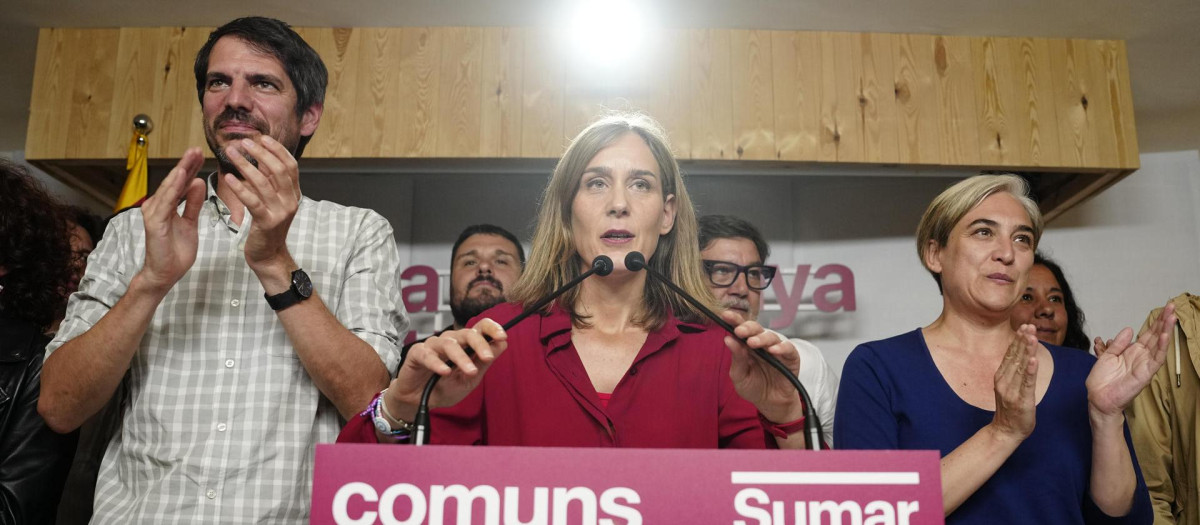 La candidata de Comuns Sumar a la presidencia de la Generalitat, Jéssica Albiach en su comparecencia