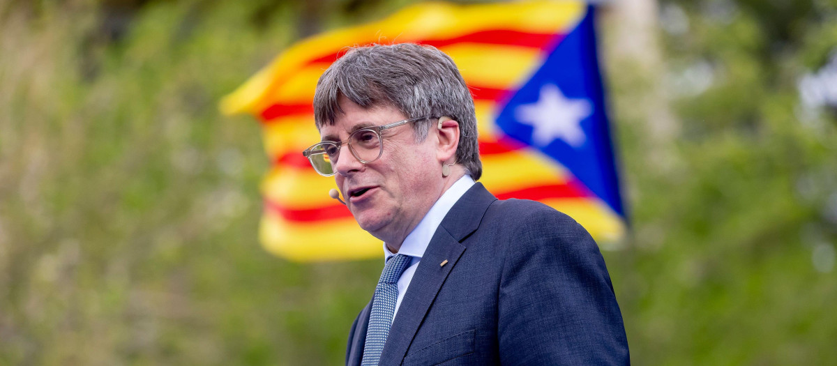 Politician Carles Puigdemont presenting his candidacy in the regional elections of Catalonia. during an event in Elna,, France, Elne, Perpignan, France, Spain - 06 Apr 2024