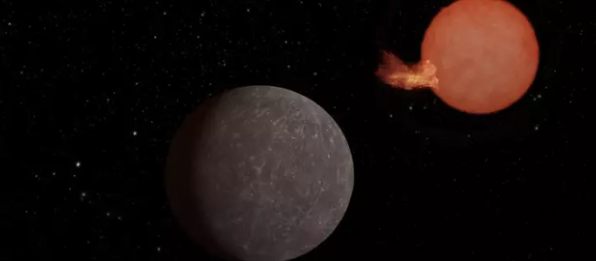 Representación artística del exoplaneta SPECULOOS-3 b orbitando una ardiente estrella roja
