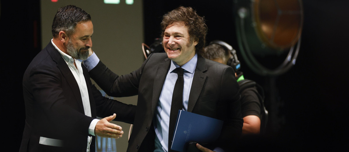 MADRID, 19/05/2024.- El líder de Vox, Santiago Abascal (i), junto a Javier Milei (d), presidente de Argentina, tras su intervención en la convención política de Vox "Europa Viva 24" que se celebra este domingo en el Palacio de Vistalegre, en Madrid. EFE/Rodrigo Jiménez