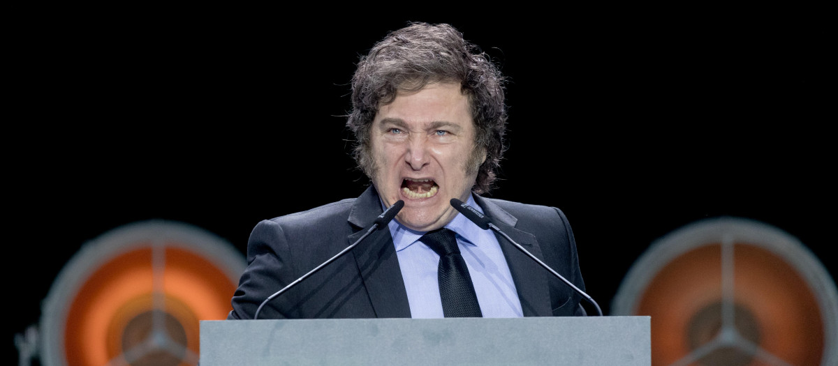 El presidente de Argentina, Javier Milei, durante el acto ‘Viva 24’ de VOX, en el Palacio de Vistalegre, a 19 de mayo de 2024, en Madrid (España). El evento, llamado ‘Viva 24’ y organizado por VOX de manera anual, celebra su tercera edición con la participación de líderes internacionales, entre ellos el presidente argentino, Javier Milei. Además, durante la edición de este año el partido ha presentado su programa electoral de cara a los comicios europeos del próximo 9 de junio.
19 MAYO 2024;VOX;MILEI;LÍDERES;INTERNACIONAL;PROGRAMA;EUROPEO;COMICIOS;ELECCIONES;EUROPEAS;9J;9 DE JUNIO
Carlos Luján / Europa Press
19/5/2024