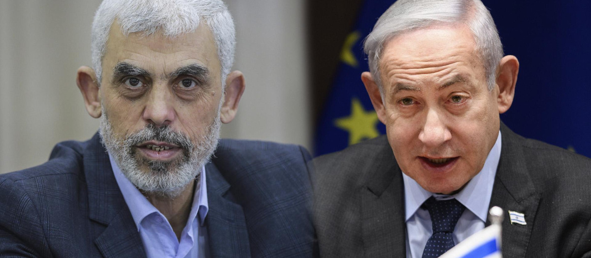 El líder de Hamás en la Franja de Gaza, Yahya Sinwar, y el primer ministro de Israel, Benjamin Netanyahu