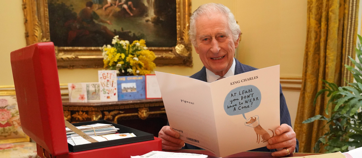 King Charles III reads cards and messages, sent by wellwishers following his cancer diagnosis, in BuckinghamPalace, London.