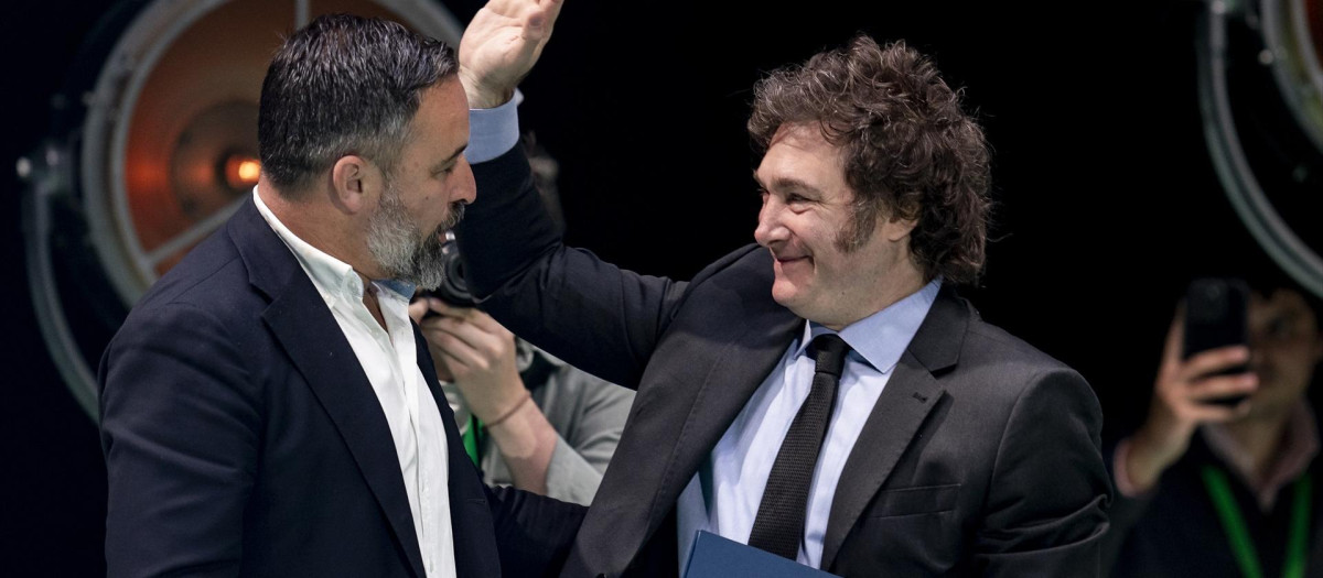 El líder de VOX, Santiago Abascal (i), y el presidente de Argentina, Javier Milei (d), durante el acto ‘Viva 24’ de VOX