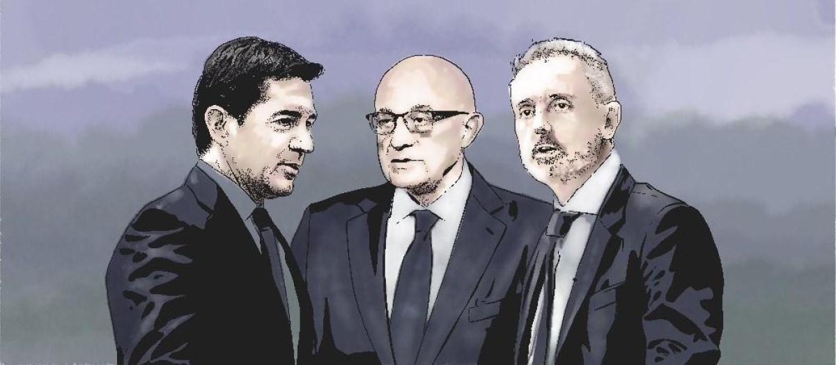 El presidente de BBVA, Carlos Torres, el del Sabadell, Josep Oliu, y el de Indra, Marc Murtra, pensando en su futuro.
