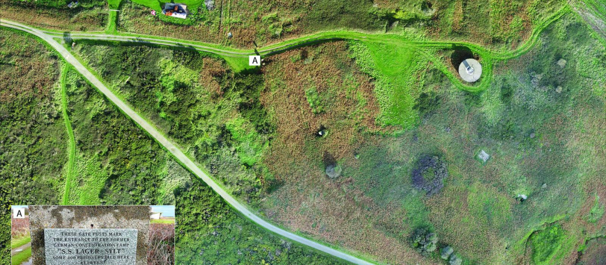 Un dron captura los restos de Lager Sylt, con un monumento en el recuadro