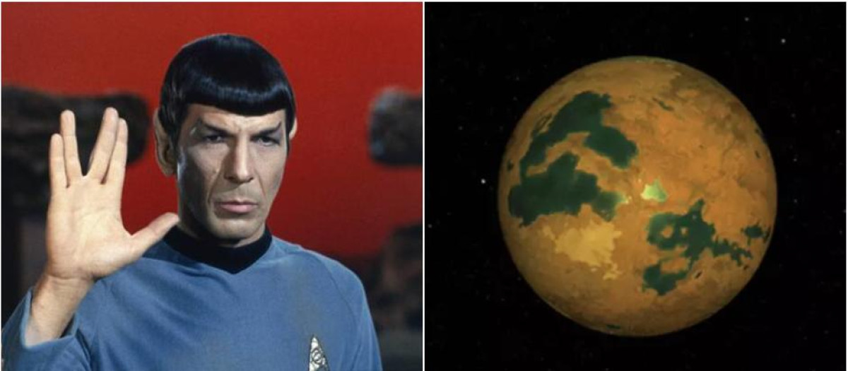 Spock, interpretado por Leonard Nimoy, junto al posible aspecto del planeta comparado con Vulcano