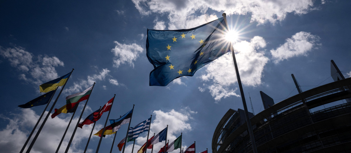 Esta fotografía muestra banderas de países europeos ondeando frente al edificio del Parlamento Europeo en Estrasburgo, este de Francia,