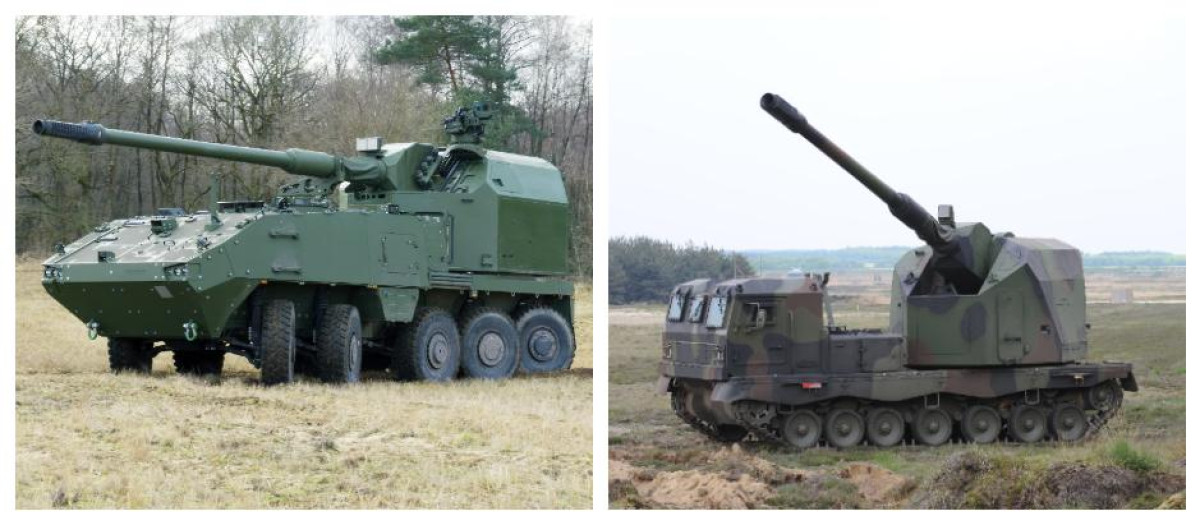 Dos modernos modelos de Santa Bárbara Sistemas: Piraña Advanced Artillery Carrier (AAC), a la izquierda; y Donar