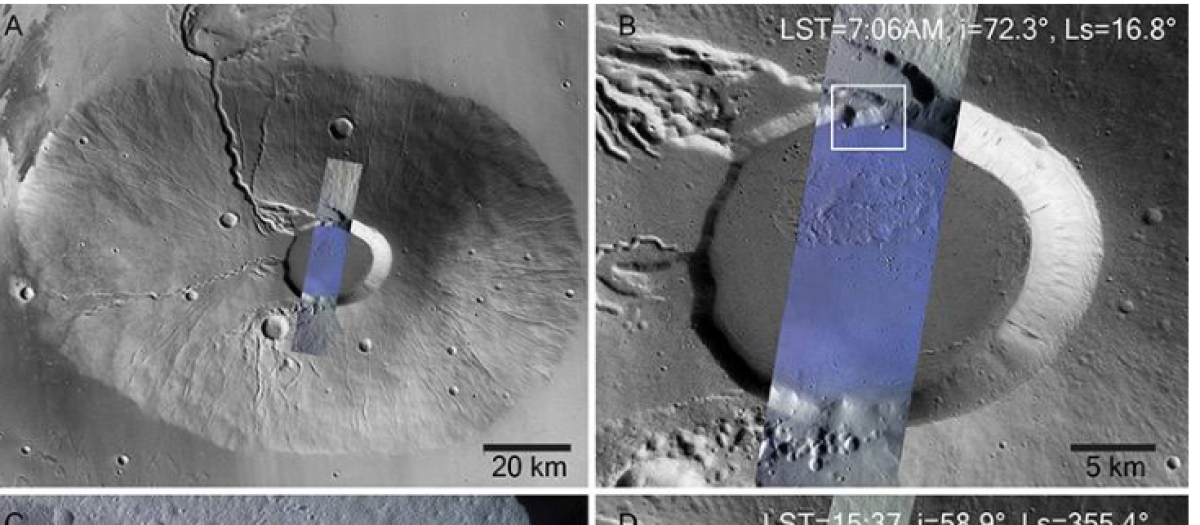 Descubren agua helada en las cumbres de los volcanes de Marte
