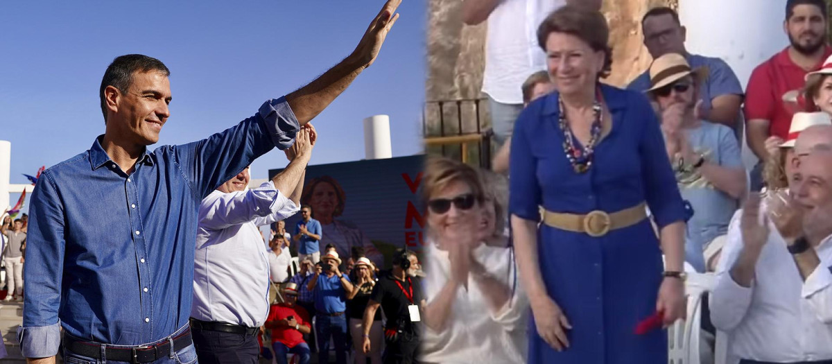 Pedro Sánchez y Magdalena Álvarez en dos imágenes del mitin en Benalmádena