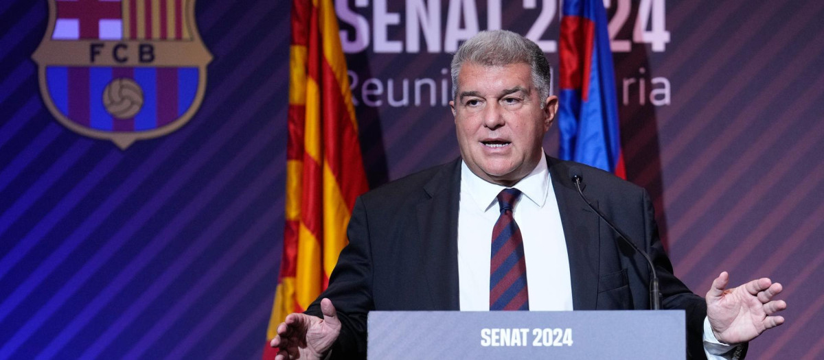 El presidente del FC Barcelona, Joan Laporta, en el discurso de la reunión ordinaria del Senado de la entidad azulgrana
