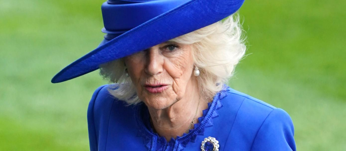 Queen Camilla stands in the parade ring ahead of the King Charles III Stakes on day one of Royal Ascot at Ascot Racecourse, Berkshire. Picture date: Tuesday June 18, 2024. *** Local Caption *** .